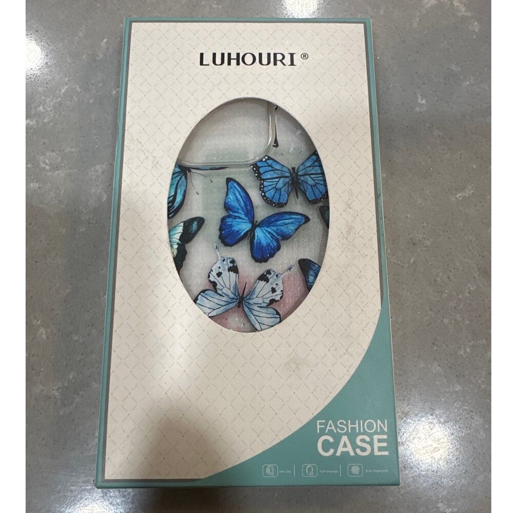 iPhone 14 Pro Acrylic Phone Case with Screen Protector - Floral Blue Butterflies